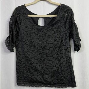 American Eagle Outfitters Charcoal Gray Front Lace Ruched Sheer Lace Sleeve Top